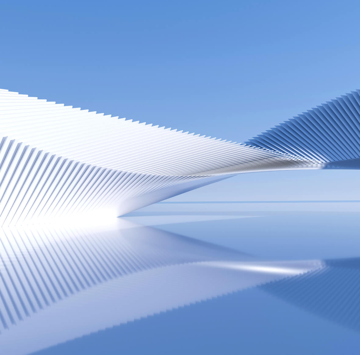 White architectural structure with repetitive lines creating a dynamic perspective, representing F&G Advisors' expert vision in investment banking.