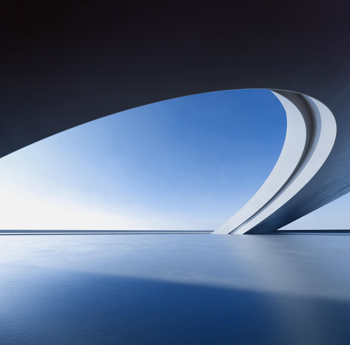 Minimalist modern architecture with a fluid curve toward a horizon, symbolizing integrity and the achievement of objectives in financial transactions